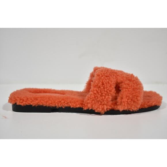 Hermes Oran Teddy Shearling Fur Orange H Logo Slide Sandal Mule Flat Flop 36.5 - Picture 3 of 12